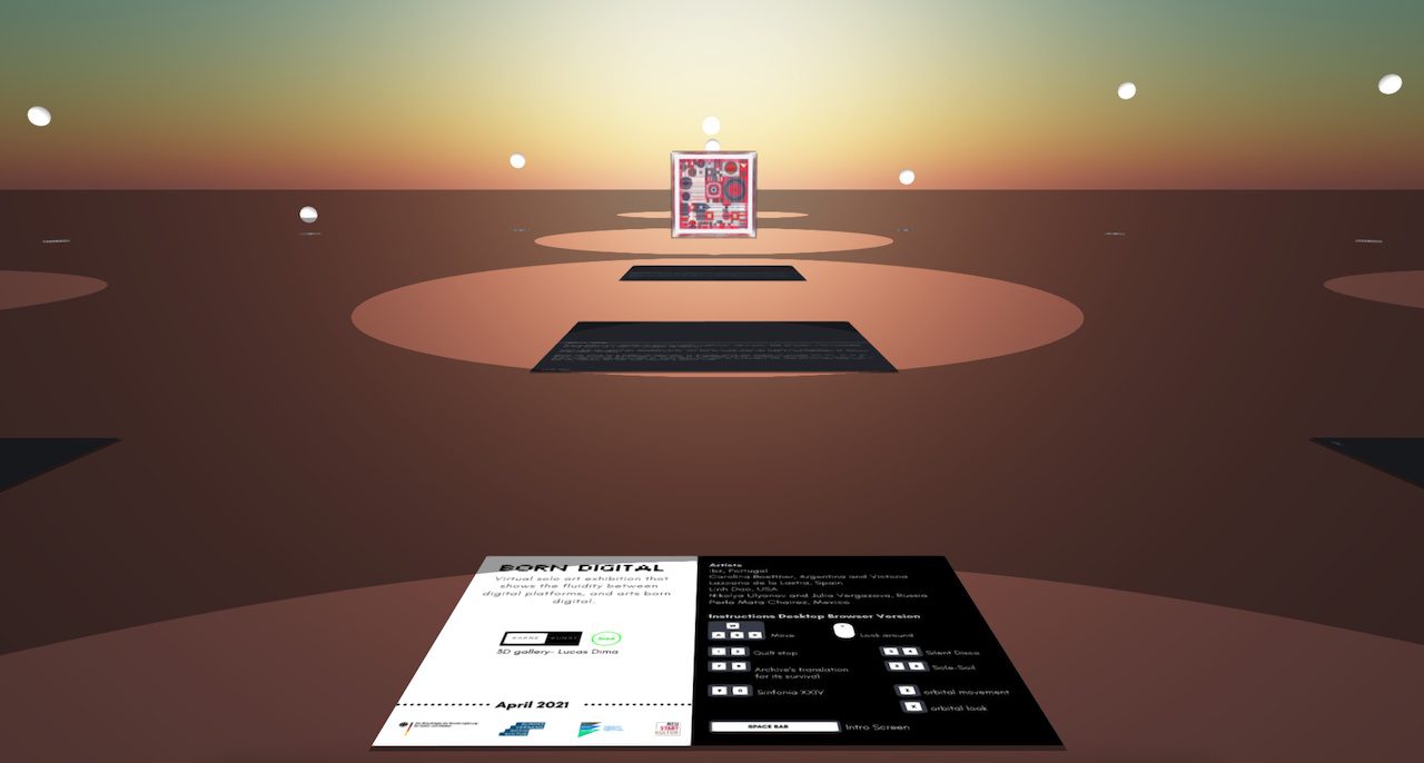 View of a virtual exhibition space at sunset: a framed work stands on a platform in an open three-dimensional landscape, with an information panel in the foreground.