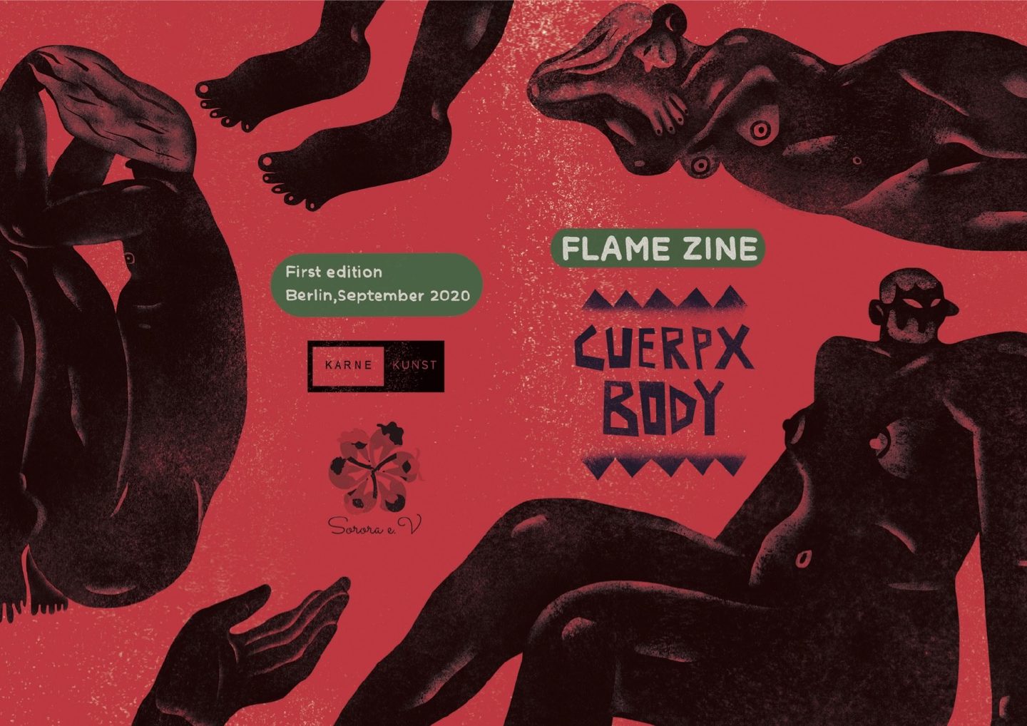 Zine cover in deep red: dark illustrated nude figures and limbs arranged across the spread around the title Flame Zine — Cuerpx / Body.
