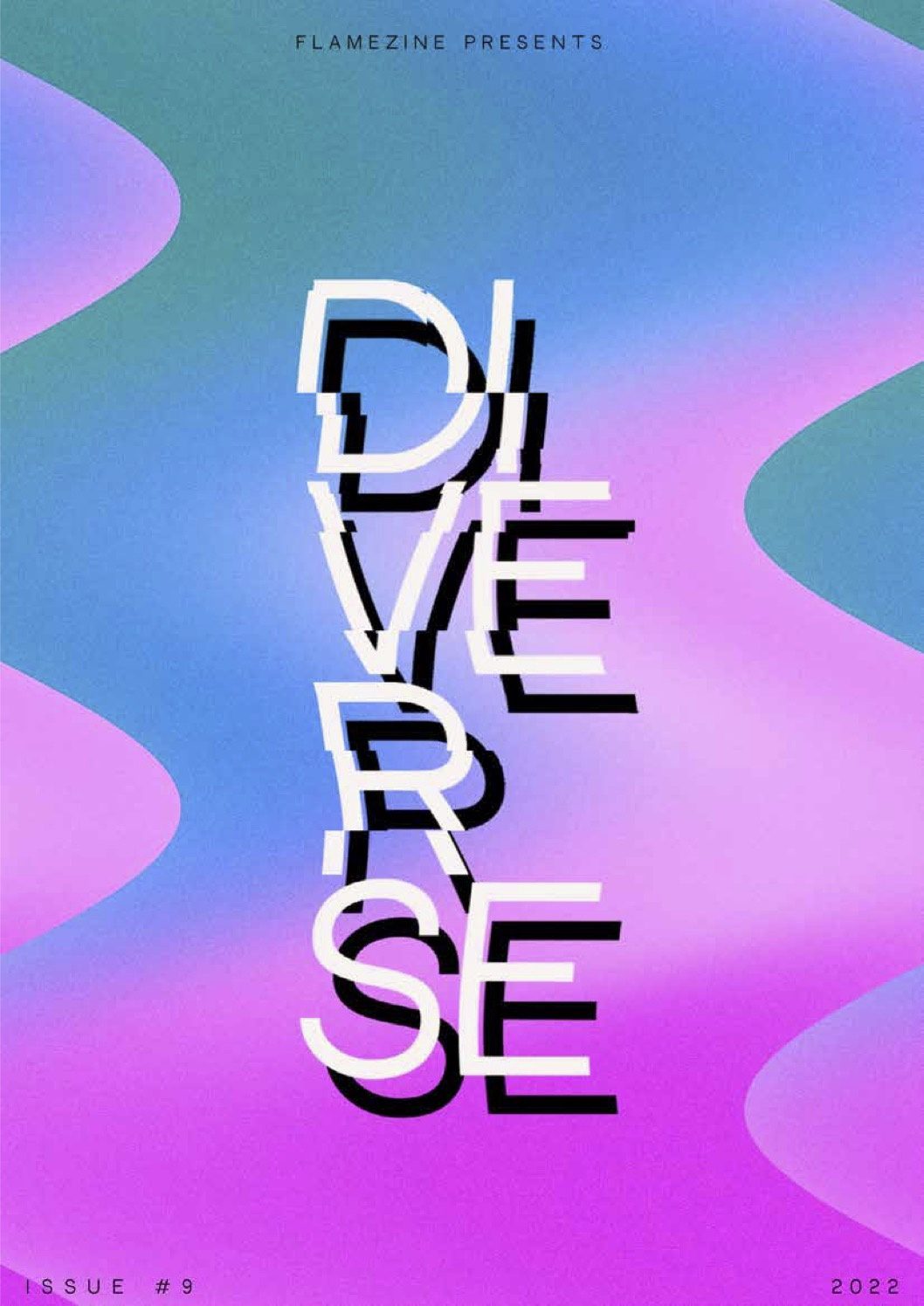 Zine cover with a rippling teal-to-magenta gradient behind the word Diverse, set in large overlapping black and white letterforms.