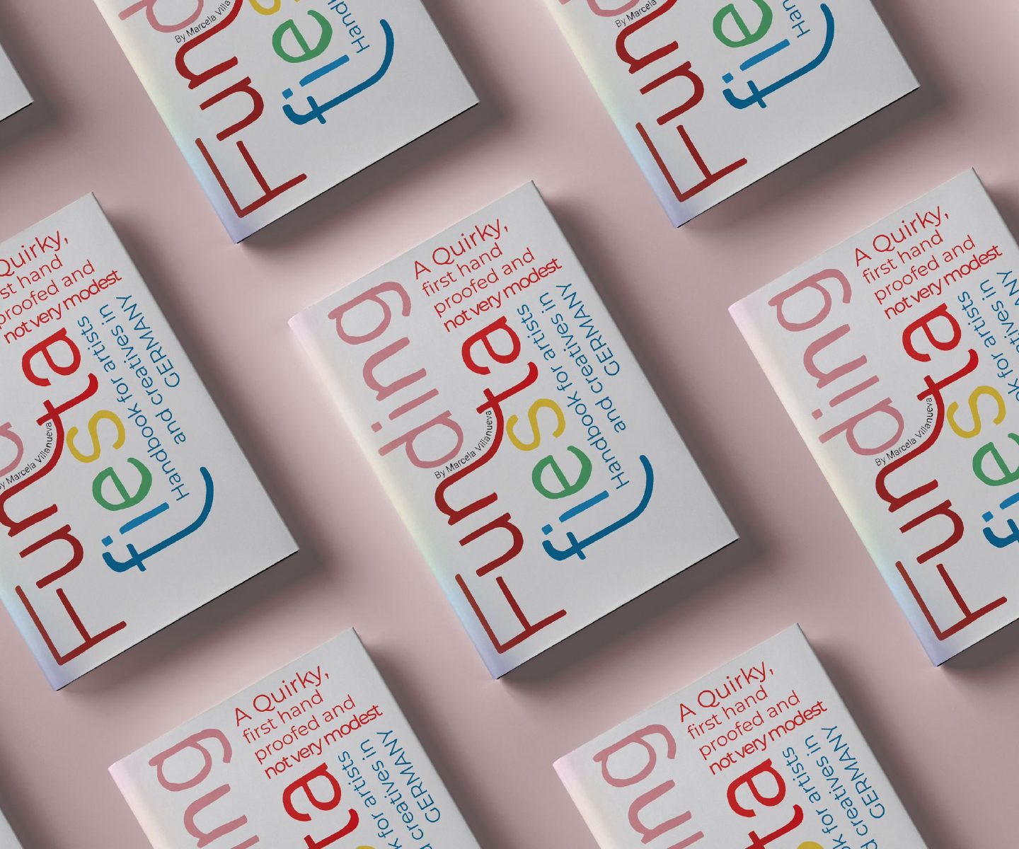 A repeating grid of the Funding Fiesta book cover, its title set in red, green, blue and yellow letterforms on white.