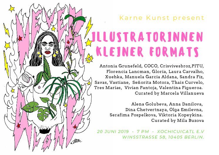 Illustrated invitation in pink and yellow showing a figure surrounded by plants, listing the participating illustrators and naming Marcela Villanueva as curator.