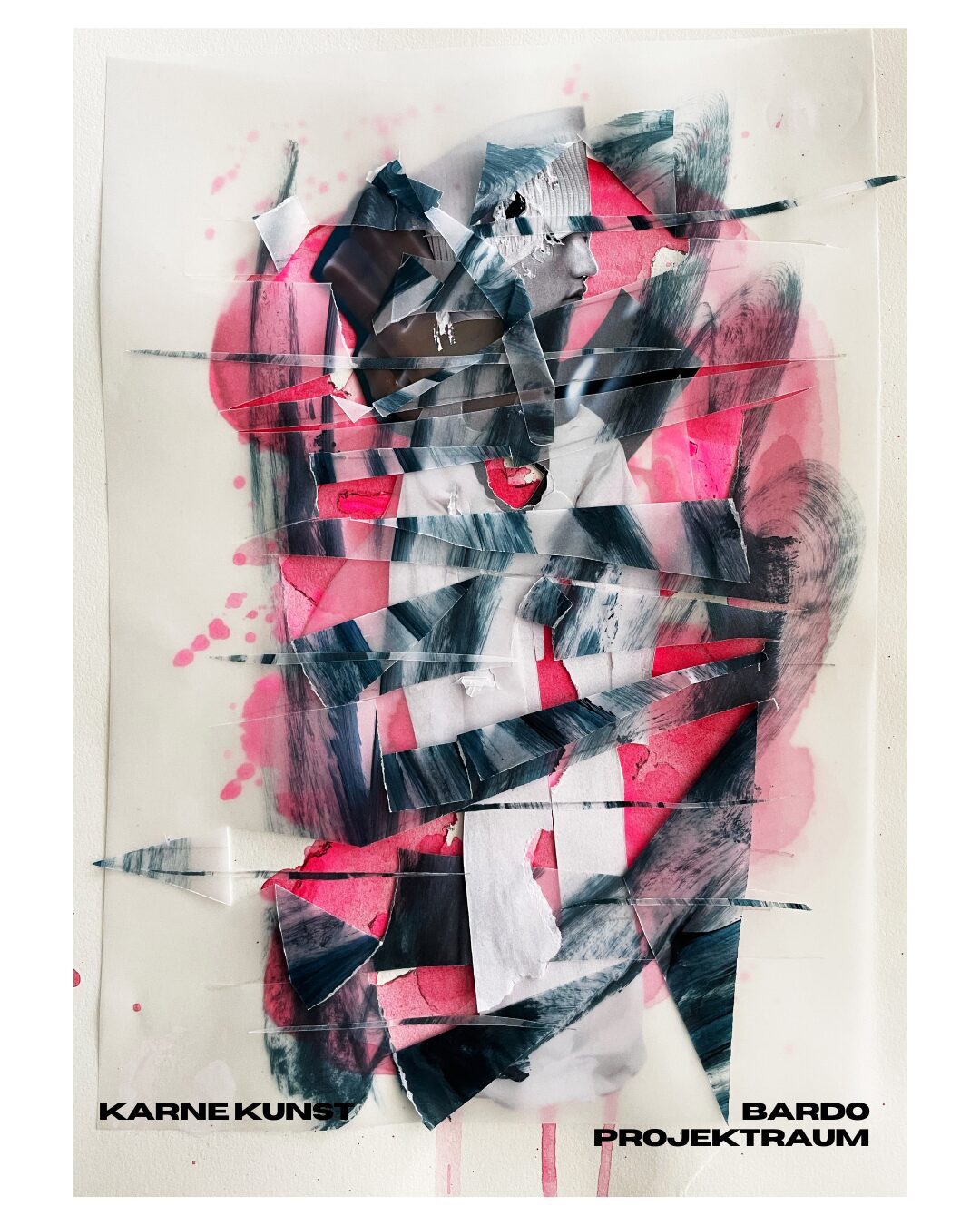 Mixed-media collage on a translucent sheet: torn strips of black-and-white photographs of a figure layered over sweeps of magenta and pink paint.