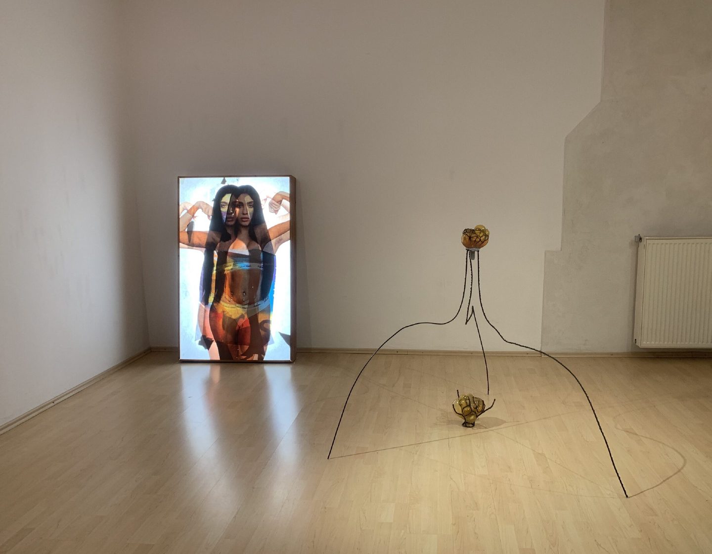 A backlit lightbox photograph leans against a gallery wall beside a thin wire sculpture holding two amber glass forms.